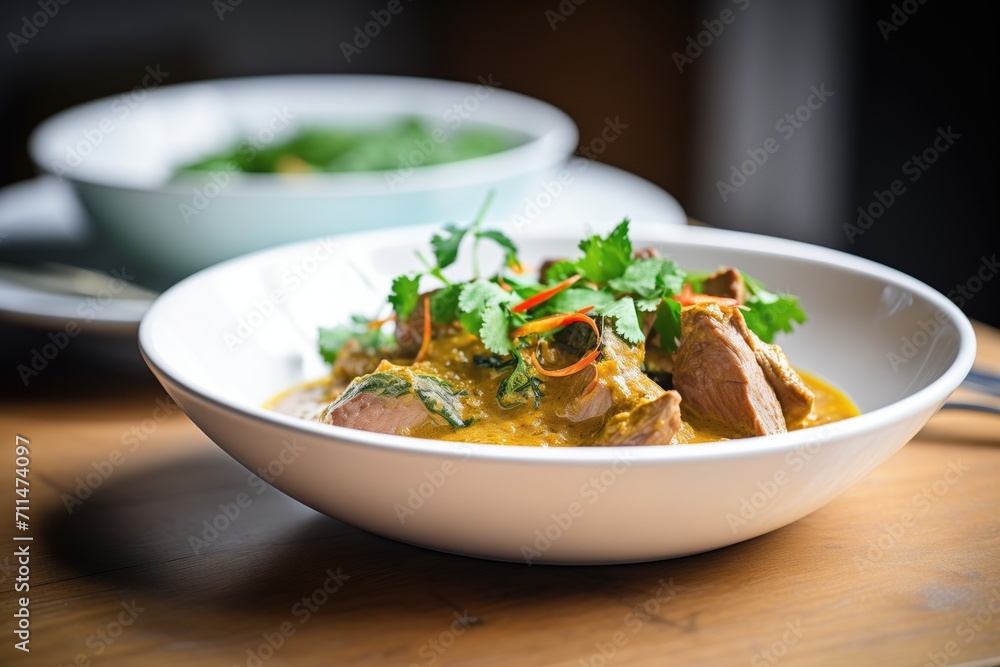 lamb korma plated elegantly with a sprig of coriander, close-up