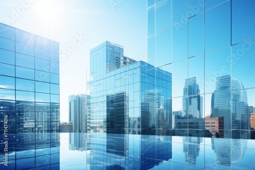A modern cityscape with glass buildings reflecting the brilliance of a clear blue sky, Generative AI