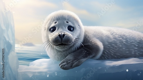 An ultra-detailed depiction of a fluffy baby seal resting on an ice floe, its soft fur and large eyes portrayed with exquisite detail - Generative AI