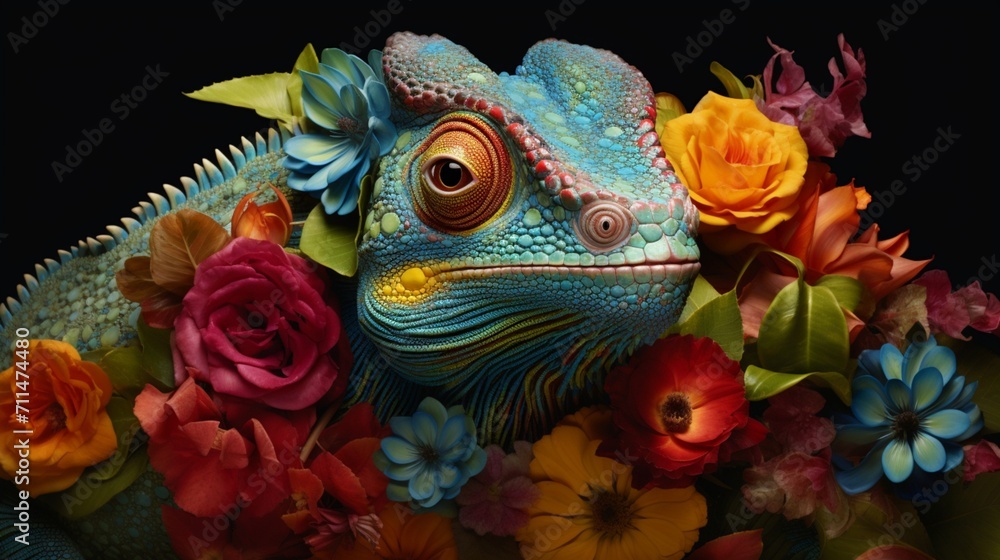 An ultra-detailed portrayal of a chameleon amidst colorful flowers, its skin reflecting vibrant hues, depicted with meticulous accuracy in a realistic photography style - Generative AI