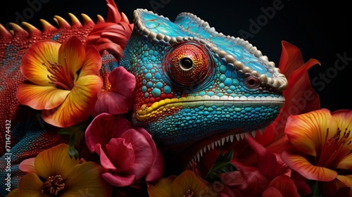 An ultra-detailed portrayal of a chameleon amidst colorful flowers, its skin reflecting vibrant hues, depicted with meticulous accuracy in a realistic photography style - Generative AI © Huzaifa
