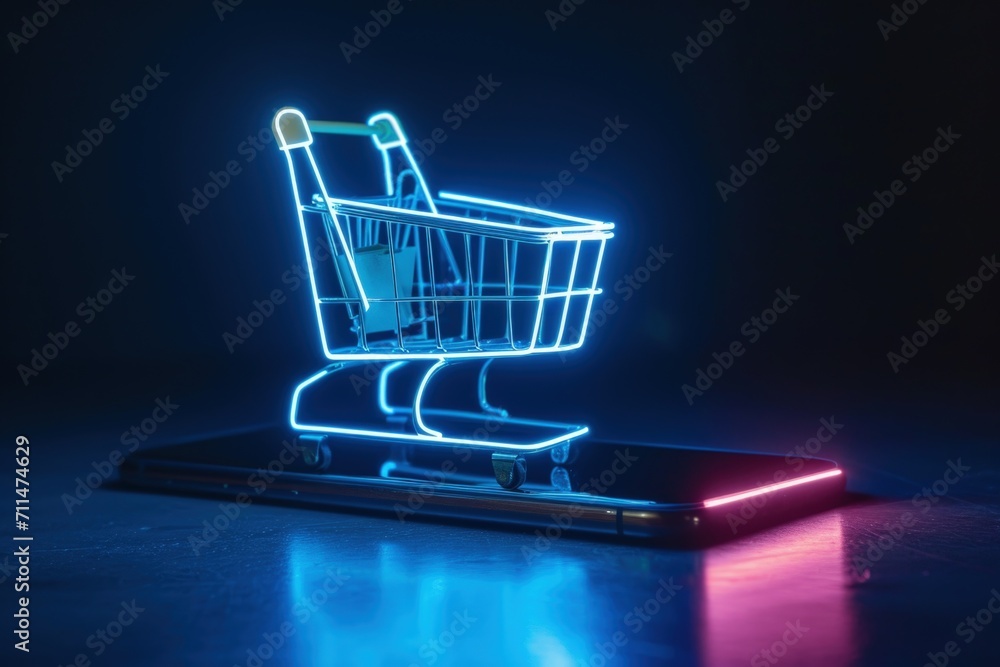 Shopping cart with neon lights on cell phone screen, technology and online shopping concept.