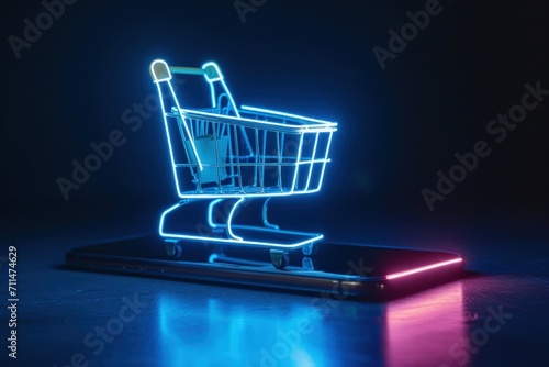 Shopping cart with neon lights on cell phone screen, technology and online shopping concept.