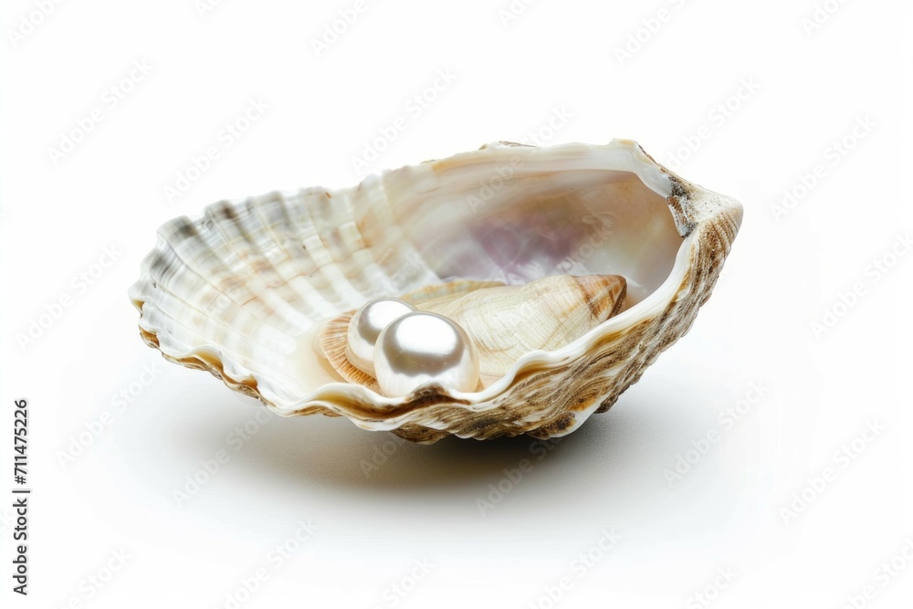 White pearl in a shell on a white background.
White pearl in a shell on a white background.
