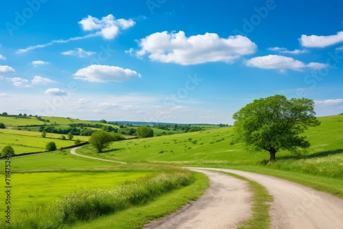 A peaceful countryside road winding through green fields under a vast blue sky, Generative AI