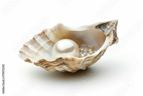 White pearl in a shell on a white background. 