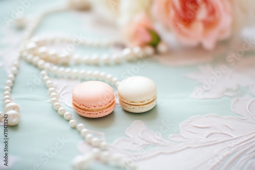 macarons and pearls on a lace tablecloth for elegance