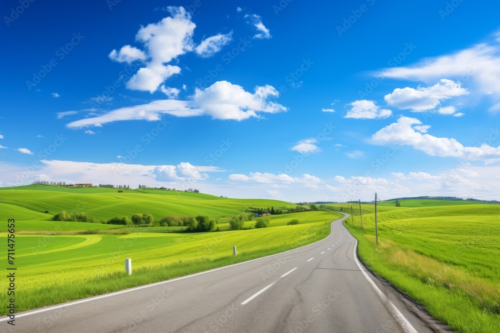 A peaceful countryside road winding through green fields under a vast blue sky, Generative AI