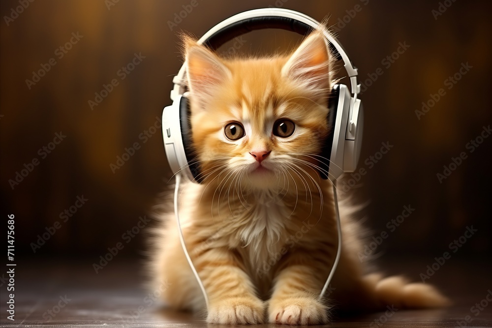 Adorable tabby ginger dj kitten cat wearing headphones and listening to music with copy space