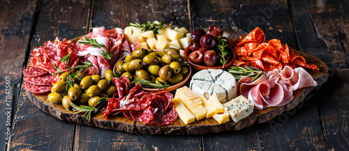 A rustic charcuterie board, heaped with an array of meats, cheeses, and olives, offers a feast for the senses photo