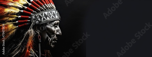 Background with Indian with feather headdress on black background, indigenous culture concept. © Deivison