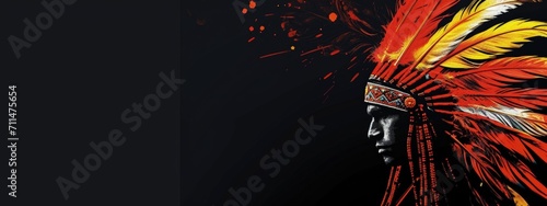 Background with Indian with feather headdress on black background, indigenous culture concept.