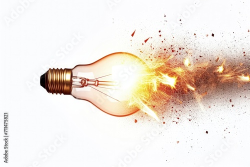 Light bulb taking off like rocket on white background, startup and business concept.	