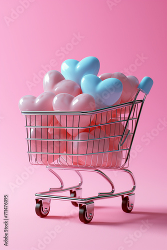 Shopping cart full of pink and blue hearts on a pink background. Holiday concept