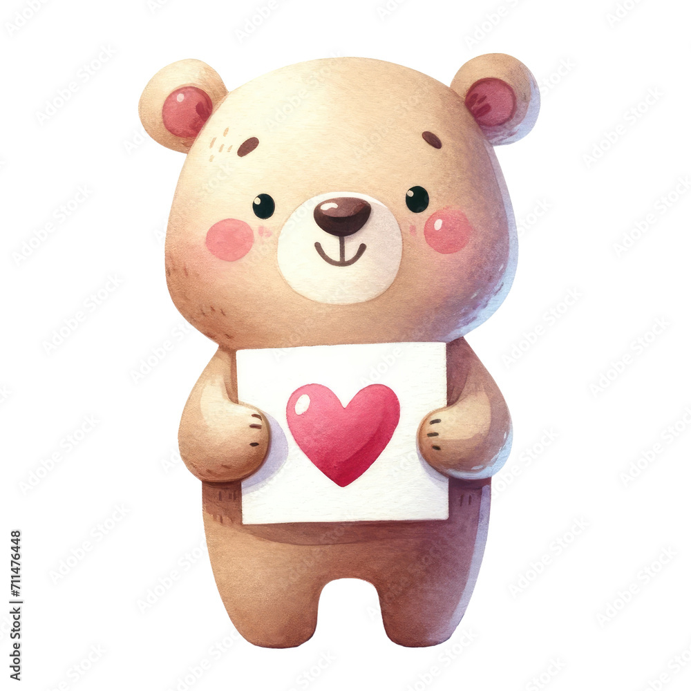 Watercolor cute bear holding a heart paper. Romantic animal. Valentine's element clipart. Watercolor cute bear holding a heart paper. Romantic animal. Valentine's element clipart.