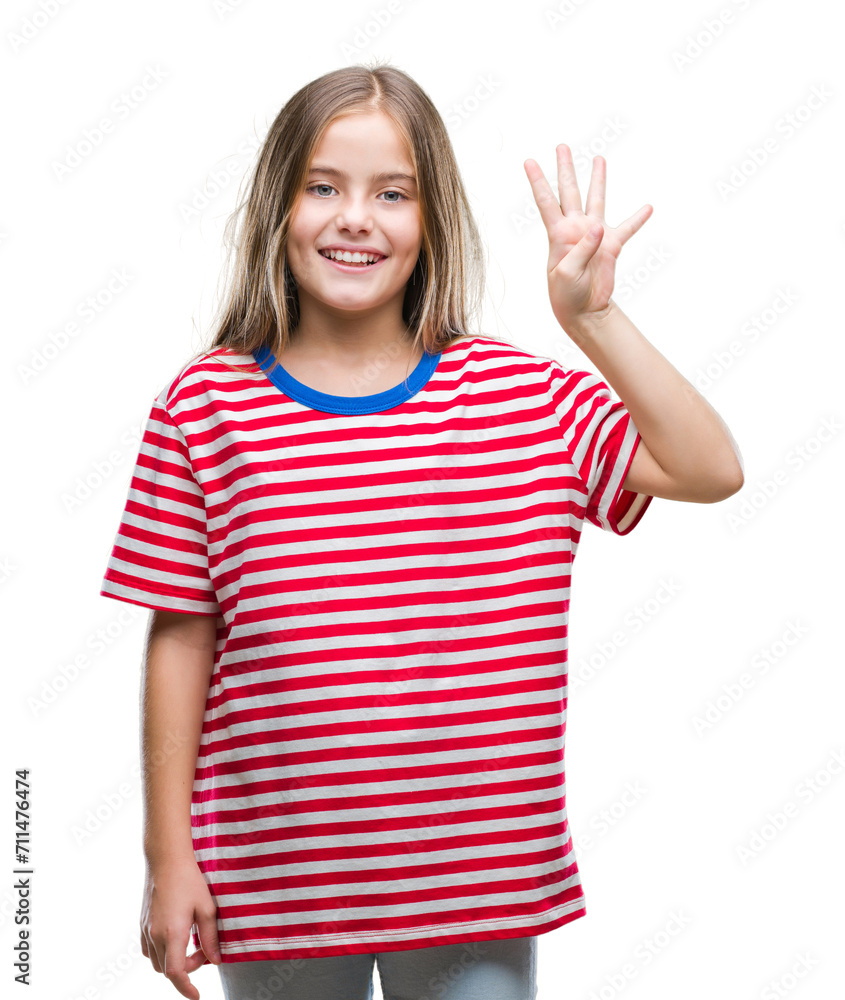 Young beautiful girl over isolated background showing and pointing up with fingers number four while smiling confident and happy. Young beautiful girl over isolated background showing and pointing up with fingers number four while smiling confident and happy.