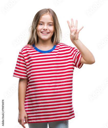 Young beautiful girl over isolated background showing and pointing up with fingers number four while smiling confident and happy.