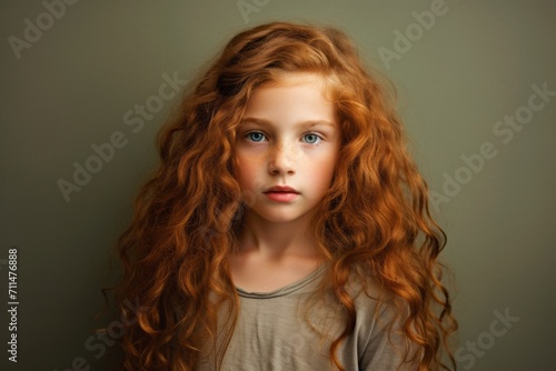Portrait of a beautiful redhead girl with long curly hair.