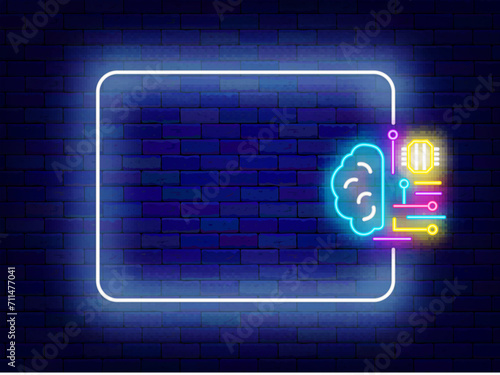Neural network neon advertising. Chat bot design. Robot brain and empty blue frame. Vector stock illustration