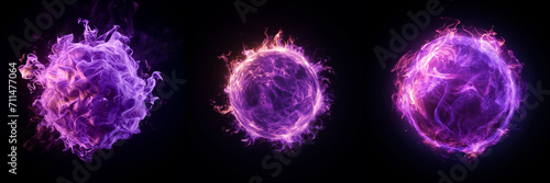 glowing bright ball of fire. Purple ball of fire. Flaming fantasy glowing sphere of energy set against a black background. Set of various energy balls. Explosive sphere elements. 