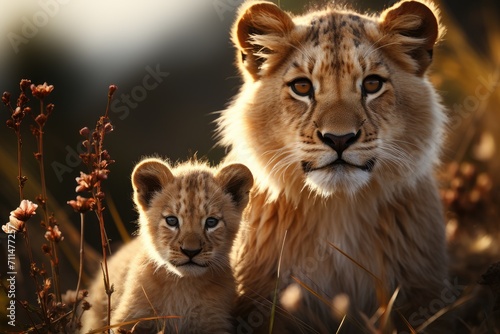 A majestic masai lion and her playful cub bask in the warm sunlight of the savannah  their snouts and whiskers blending in with the golden grass as they stand tall as symbols of strength and family i