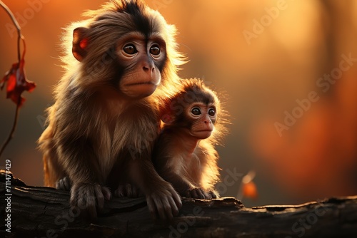 A curious macaque mother and her precious baby cling to a log, surrounded by the wild beauty of nature photo