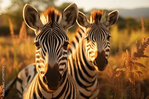 A majestic group of striped terrestrial animals  known as zebras  stand tall in the vast and wild grassy fields of their natural habitat  exuding a sense of calmness and freedom on the african safari