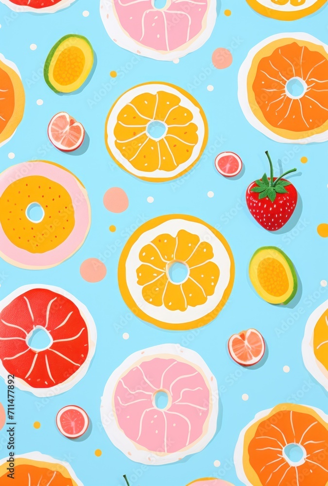 breakfast decor pattern. a pink seamless pattern with various elements. colorful background with fruits, donuts and oranges breakfast decor pattern. a pink seamless pattern with various elements. colorful background with fruits, donuts and oranges