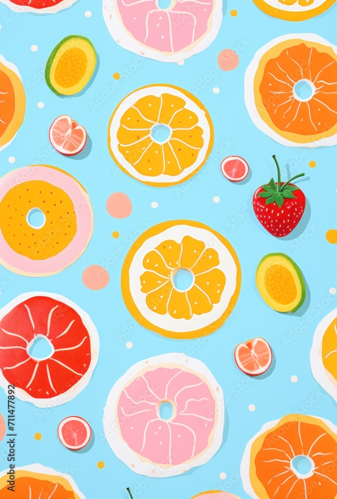 breakfast decor pattern. a pink seamless pattern with various elements. colorful background with fruits, donuts and oranges