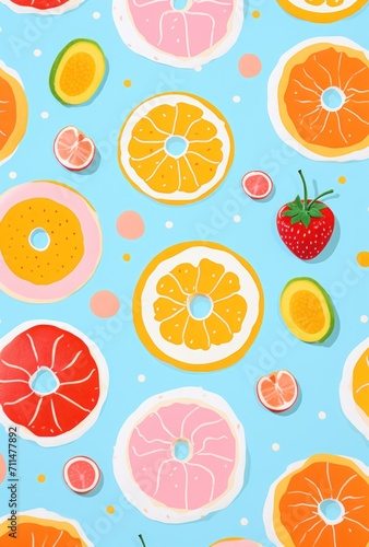 breakfast decor pattern. a pink seamless pattern with various elements. colorful background with fruits, donuts and oranges