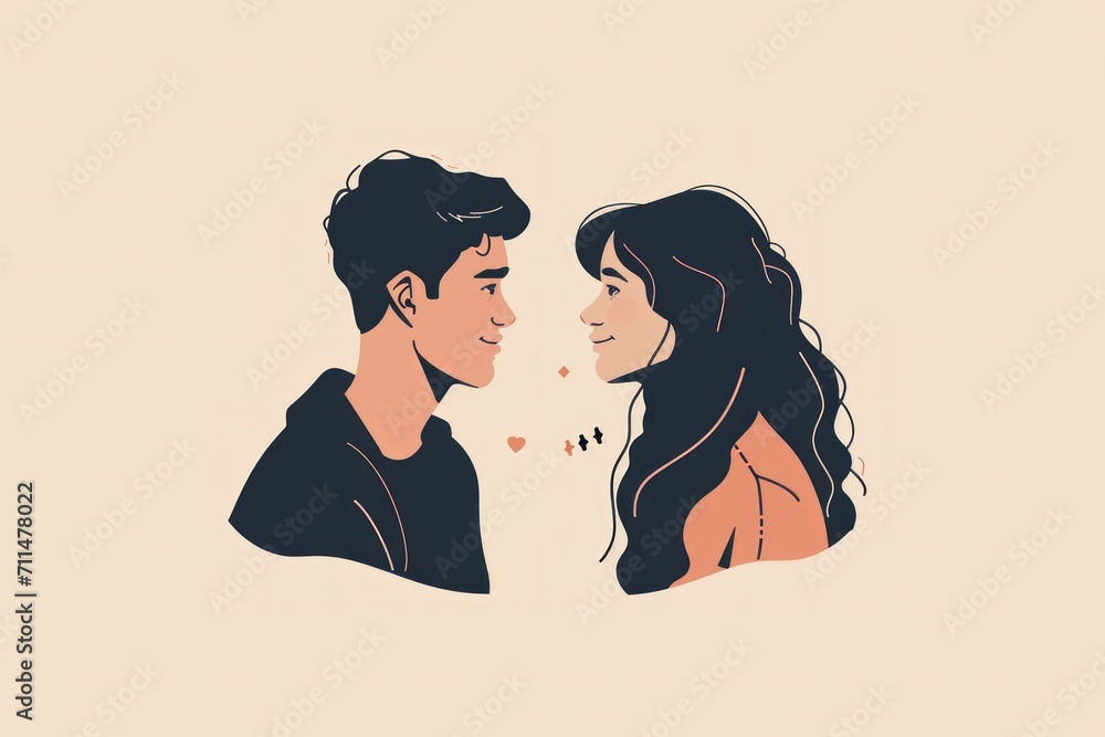 romantic couple in love looking at each other before kissing. Hand-drawn style vector illustration of young couple