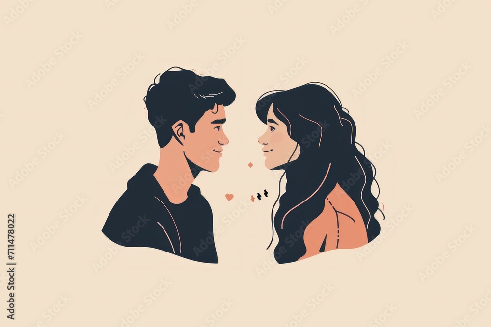 romantic couple in love looking at each other before kissing. Hand-drawn style vector illustration of young couple romantic couple in love looking at each other before kissing. Hand-drawn style vector illustration of young couple