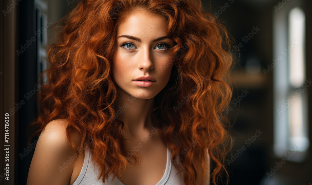 Intense Gaze of a Young Redhead Woman with Curly Hair in Soft Light, Evoking a Reflective Mood Intense Gaze of a Young Redhead Woman with Curly Hair in Soft Light, Evoking a Reflective Mood