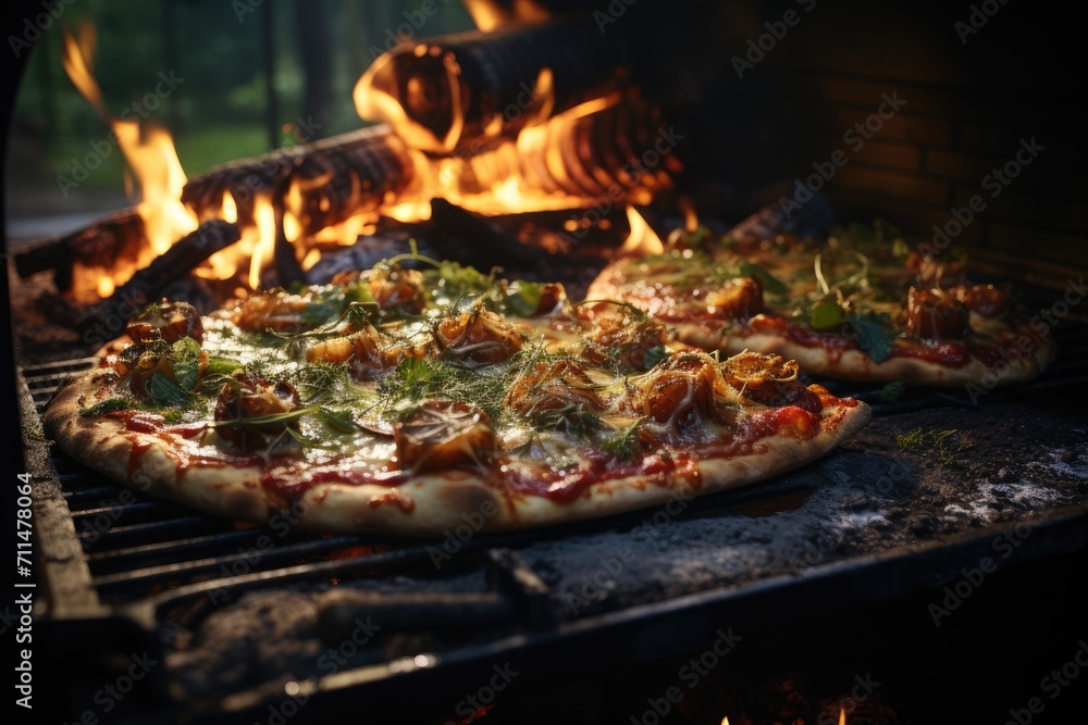 Experience the fiery flavor of authentic italian cuisine with a sizzling pizza cooked to perfection on a grill, evoking the nostalgia of a classic backyard barbecue