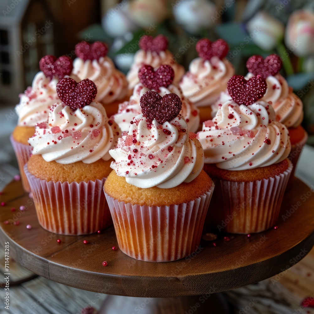 Raspberry Cupcakes on Wooden Stand.
Raspberry topped cupcakes on a rustic wooden cake stand.