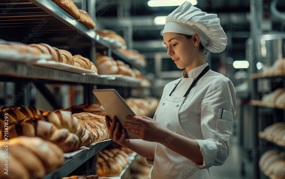 Young woman Baker using a tablet computer for controlling quality of craft bread, bakery factory
