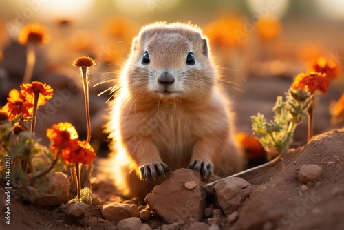 A curious brown mammal peers out from between the rocks, surrounded by vibrant flowers and the vast outdoor landscape