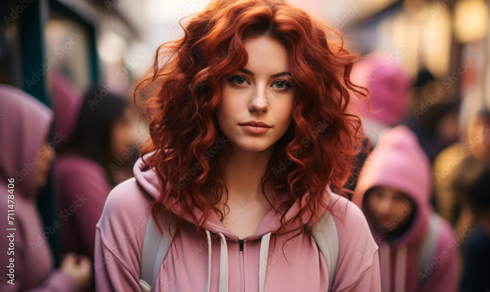 Young Woman with Vibrant Pink Curly Hair in a Hoodie Standing in a Busy City Street Young Woman with Vibrant Pink Curly Hair in a Hoodie Standing in a Busy City Street
