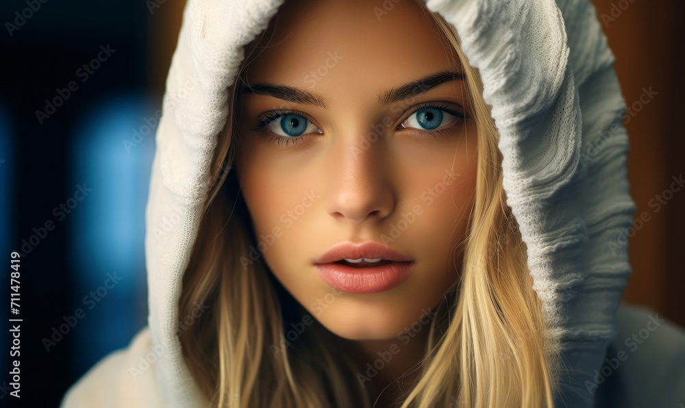 Serene Beauty in White Hooded Cloak Gazing Softly with Blue Eyes and Blonde Hair Serene Beauty in White Hooded Cloak Gazing Softly with Blue Eyes and Blonde Hair