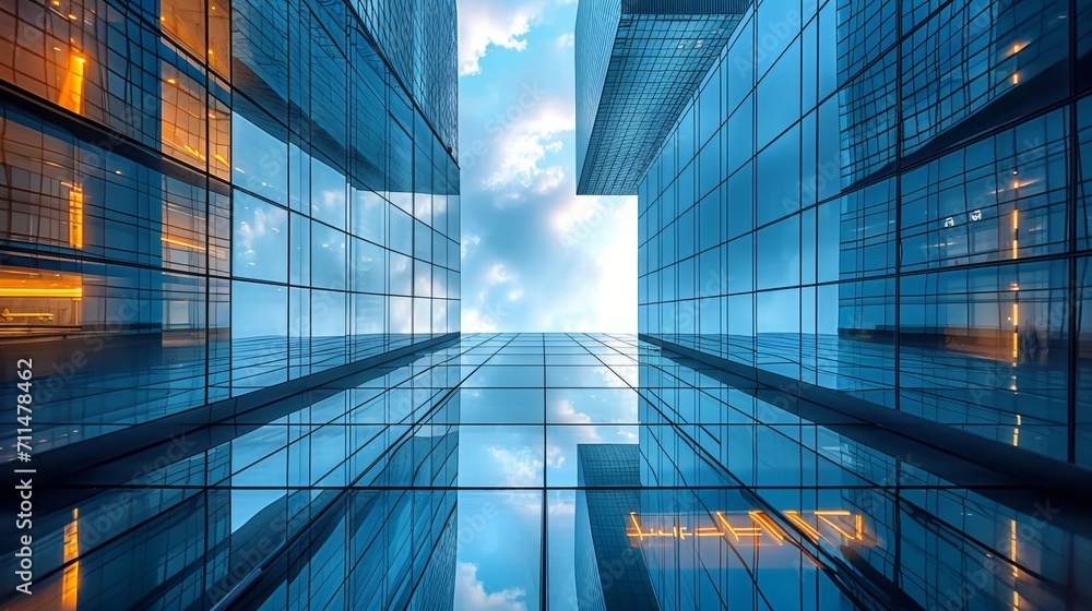 Obraz premium Looking up at business buildings in downtown