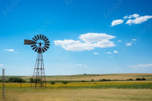A traditional countryside windmill standing tall under a seamless blue sky, Generative AI