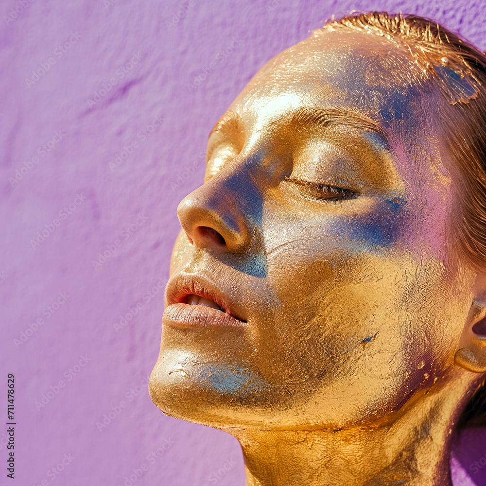 Calming Rhythms - A close-up of the gold-coated woman against a lavender backdrop, seeking the flow of life Calming Rhythms - A close-up of the gold-coated woman against a lavender backdrop, seeking the flow of life