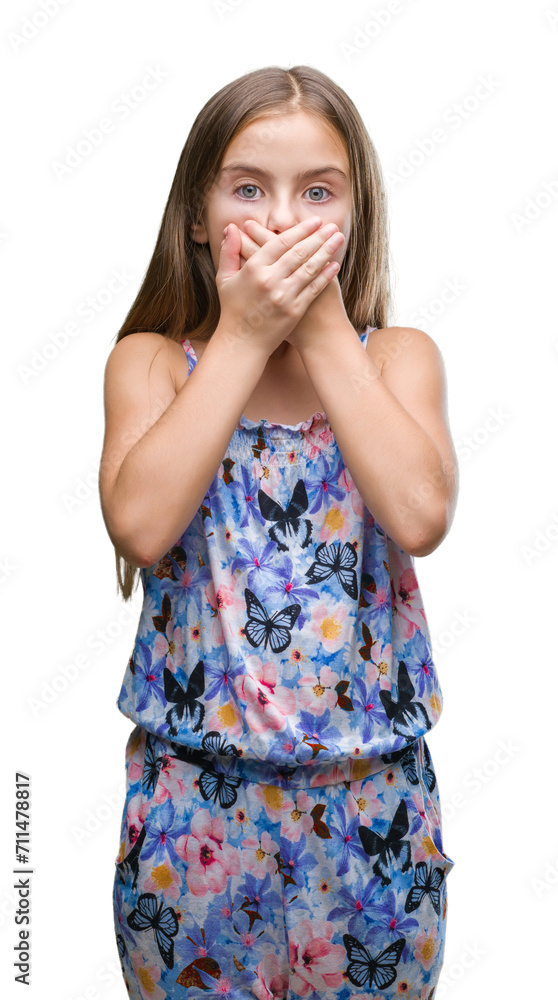 Young beautiful girl wearing colorful dress over isolated background shocked covering mouth with hands for mistake. Secret concept. Young beautiful girl wearing colorful dress over isolated background shocked covering mouth with hands for mistake. Secret concept.
