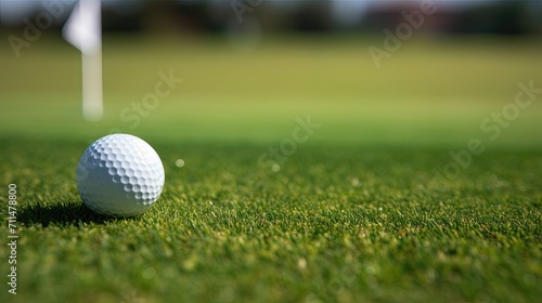 Close-up of a golf ball on the green with the flag in the background.