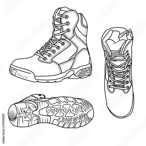 Technical sketch drawing of Military and Tactical Boot Line Art, suitable for your custom tactical shoes, outline vector doodle illustration, side, top and bottom view isolated with white background. 