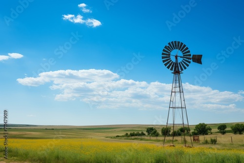 A traditional countryside windmill standing tall under a seamless blue sky, Generative AI