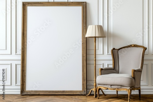 Black frame mockup in classic white interior with modern furniture, © Glce