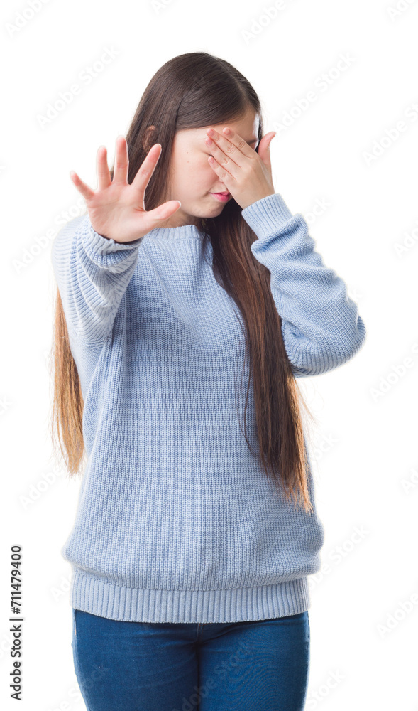 Young Chinese woman over isolated background covering eyes with hands and doing stop gesture with sad and fear expression. Embarrassed and negative concept. Young Chinese woman over isolated background covering eyes with hands and doing stop gesture with sad and fear expression. Embarrassed and negative concept.
