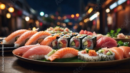 photo of a set of sushi that is fresh and looks good made by AI generative