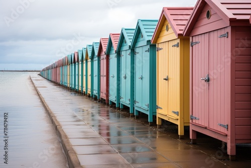 Vibrant sheds line the sandy beach, their wooden walls reflecting the blue sky and calm waters, creating a picturesque coastal scene © familymedia